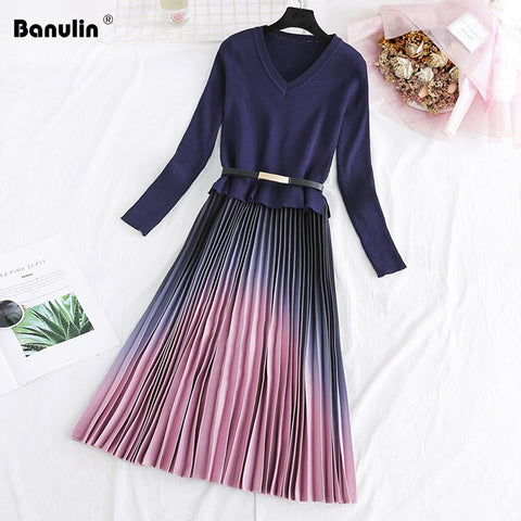 Autumn Winter Elegant Knitted Patchwork Gradient Print Pleated Dress Women Long Sleeve Office One-Piece Sweater Dress With Belt