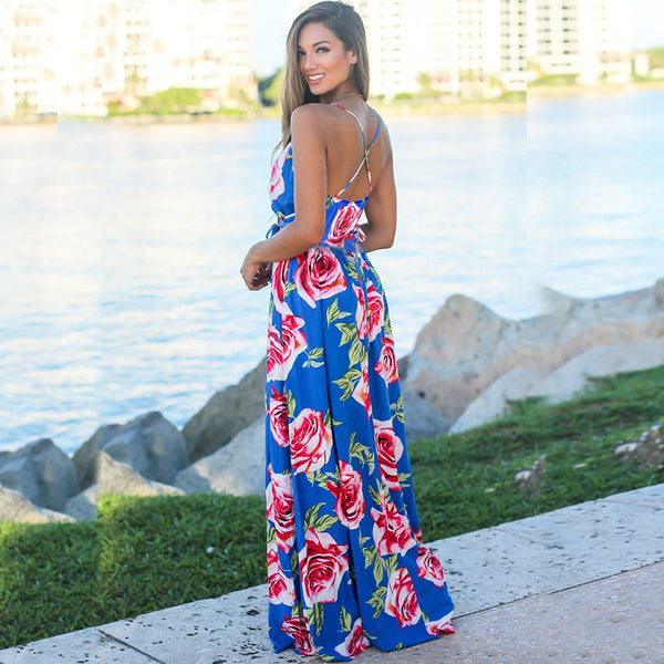 Spring Summer Sexy Casual Women Long Dress High Waist V-Neck Open Back Sleeveless Holiday Beach Dress Sling Print Robes Halter