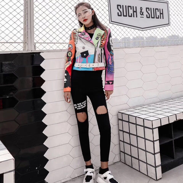 LORDLDS Cropped Leather Jackets Women Hip hop Colorful Studded Coat New Spring Ladies Motorcycle Punk Cropped Jacket with belt