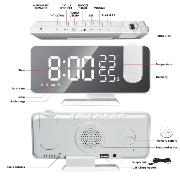 LED Digital Projection Alarm Clock Watch Table Electronic Desktop Clocks USB Wake Up FM Radio Time Ceiling Projector Function