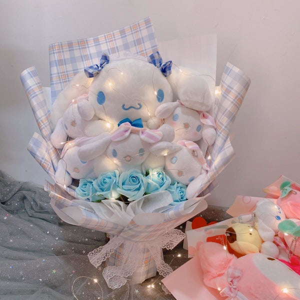 Led Light Hello Kitty Bouquet My Melody Cinnamoroll Kuromi Kawaii Plushie Toys Stuffed Flower Bunch For Girl Valentines Day Gift