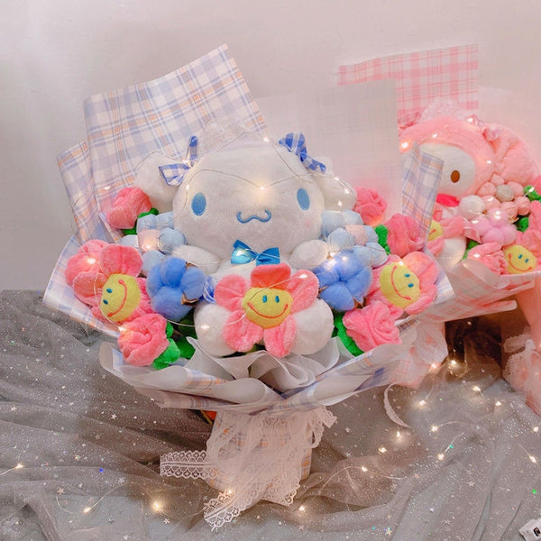 Led Light Hello Kitty Bouquet My Melody Cinnamoroll Kuromi Kawaii Plushie Toys Stuffed Flower Bunch For Girl Valentines Day Gift