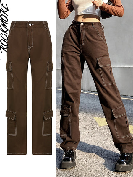 Rockmore Brown Vintage Baggy Jeans Women 90s Streetwear Pockets Wide Leg Cargo Pants Low Waist Straight Denim Trousers 2021