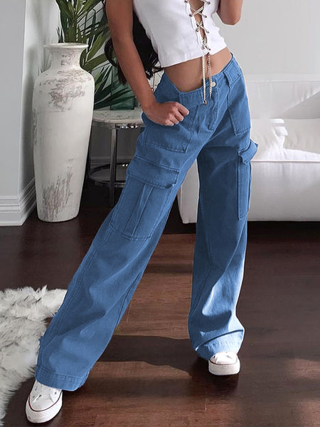 Rockmore Brown Vintage Baggy Jeans Women 90s Streetwear Pockets Wide Leg Cargo Pants Low Waist Straight Denim Trousers 2021