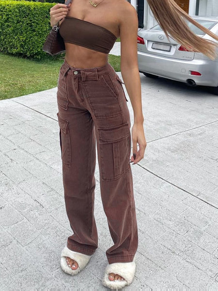 Rockmore Brown Vintage Baggy Jeans Women 90s Streetwear Pockets Wide Leg Cargo Pants Low Waist Straight Denim Trousers 2021