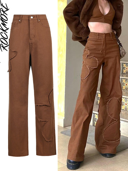 Rockmore Brown Vintage Baggy Jeans Women 90s Streetwear Pockets Wide Leg Cargo Pants Low Waist Straight Denim Trousers 2021