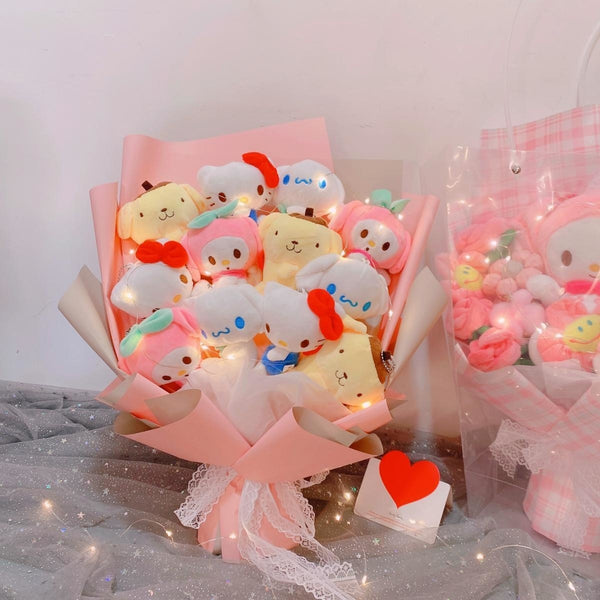 Led Light Hello Kitty Bouquet My Melody Cinnamoroll Kuromi Kawaii Plushie Toys Stuffed Flower Bunch For Girl Valentines Day Gift