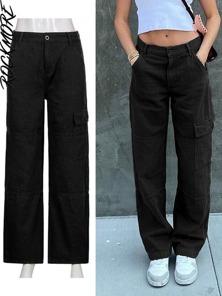 Rockmore Brown Vintage Baggy Jeans Women 90s Streetwear Pockets Wide Leg Cargo Pants Low Waist Straight Denim Trousers 2021