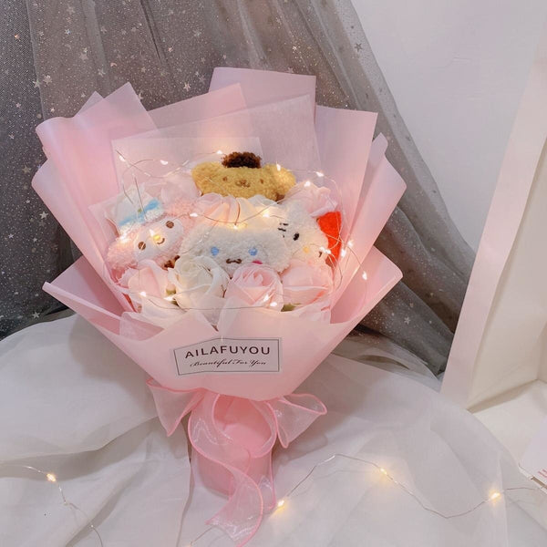 Led Light Hello Kitty Bouquet My Melody Cinnamoroll Kuromi Kawaii Plushie Toys Stuffed Flower Bunch For Girl Valentines Day Gift