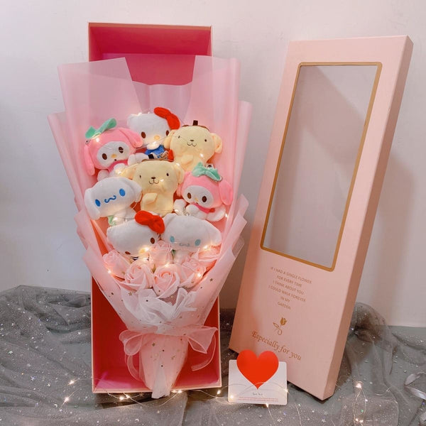 Led Light Hello Kitty Bouquet My Melody Cinnamoroll Kuromi Kawaii Plushie Toys Stuffed Flower Bunch For Girl Valentines Day Gift