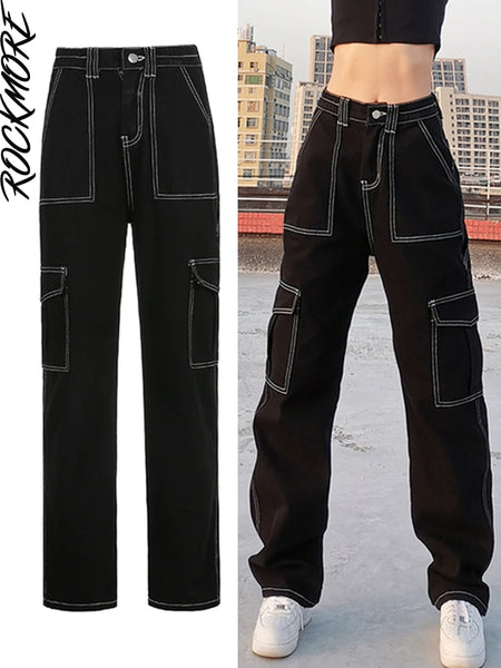 Rockmore Brown Vintage Baggy Jeans Women 90s Streetwear Pockets Wide Leg Cargo Pants Low Waist Straight Denim Trousers 2021