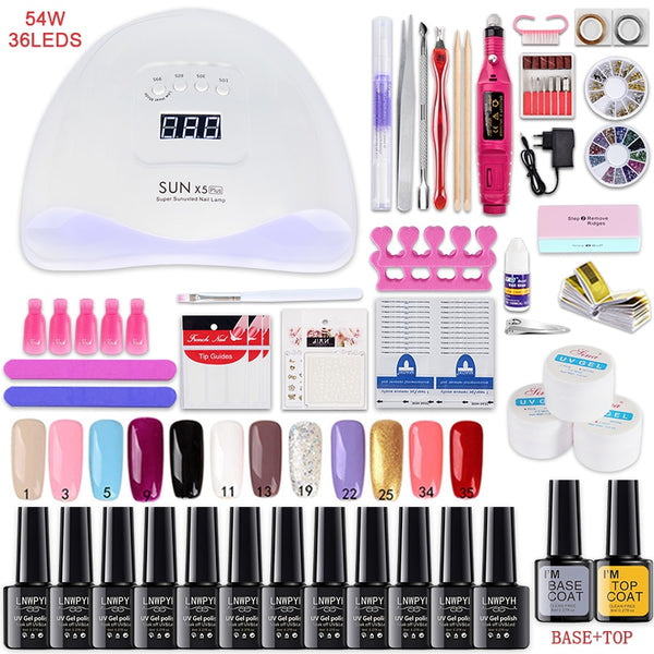 Nail kit 54/24W Nail Lamp 12/6 Colors UV Gel Nail Polish Kit Manicure Art Tools Set Top Base Nail Drill Machine set