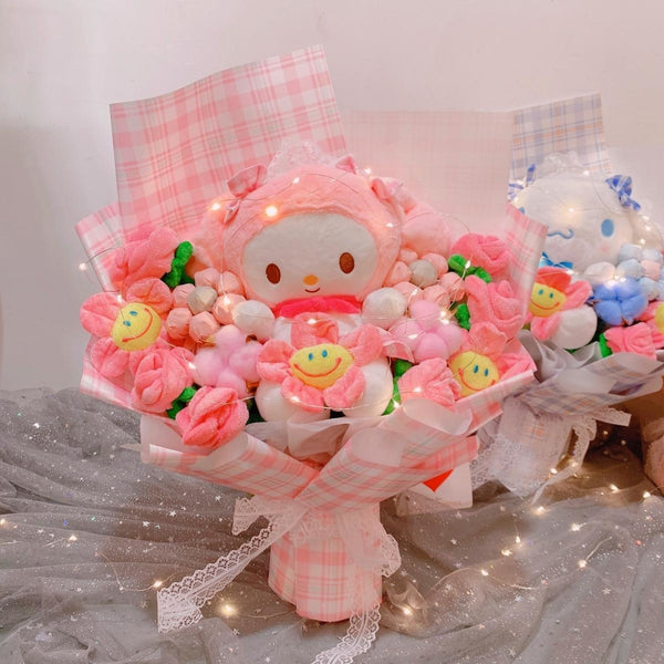 Led Light Hello Kitty Bouquet My Melody Cinnamoroll Kuromi Kawaii Plushie Toys Stuffed Flower Bunch For Girl Valentines Day Gift