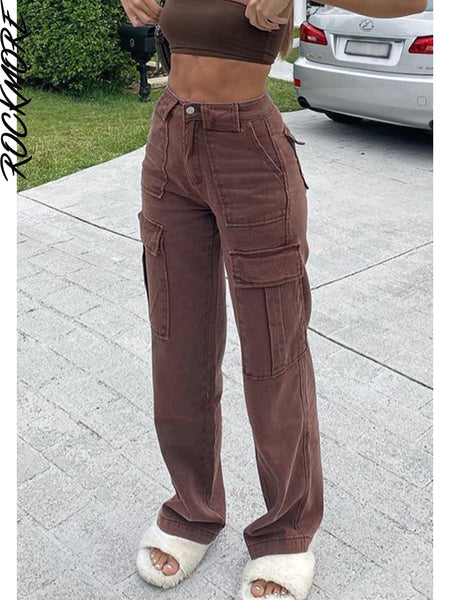 Rockmore Brown Vintage Baggy Jeans Women 90s Streetwear Pockets Wide Leg Cargo Pants Low Waist Straight Denim Trousers 2021