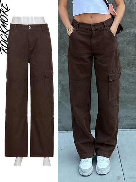 Rockmore Brown Vintage Baggy Jeans Women 90s Streetwear Pockets Wide Leg Cargo Pants Low Waist Straight Denim Trousers 2021