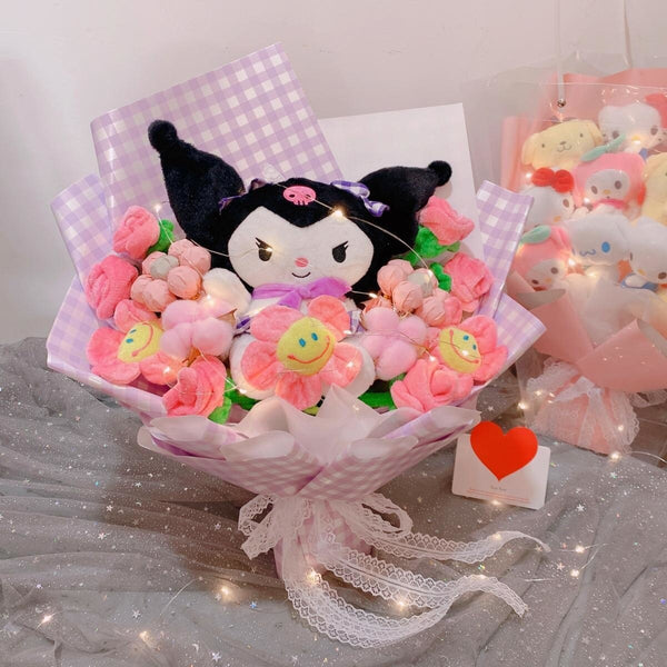 Led Light Hello Kitty Bouquet My Melody Cinnamoroll Kuromi Kawaii Plushie Toys Stuffed Flower Bunch For Girl Valentines Day Gift