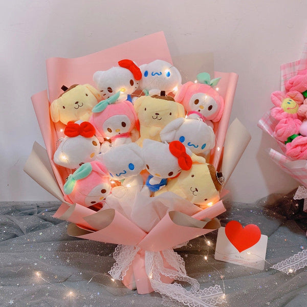 Led Light Hello Kitty Bouquet My Melody Cinnamoroll Kuromi Kawaii Plushie Toys Stuffed Flower Bunch For Girl Valentines Day Gift