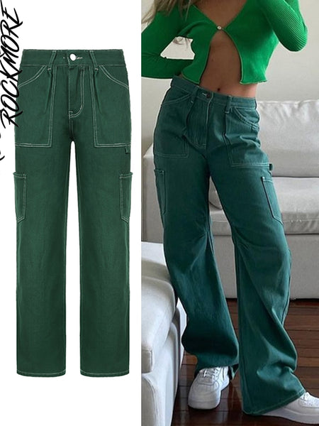 Rockmore Brown Vintage Baggy Jeans Women 90s Streetwear Pockets Wide Leg Cargo Pants Low Waist Straight Denim Trousers 2021